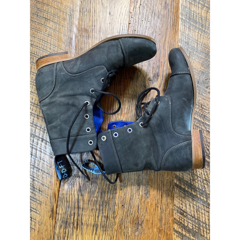 John Fluevog Grey Nubuck Leather Combat Boots Blue Lining Laces Size 7.5  Women - Picture 4 of 8